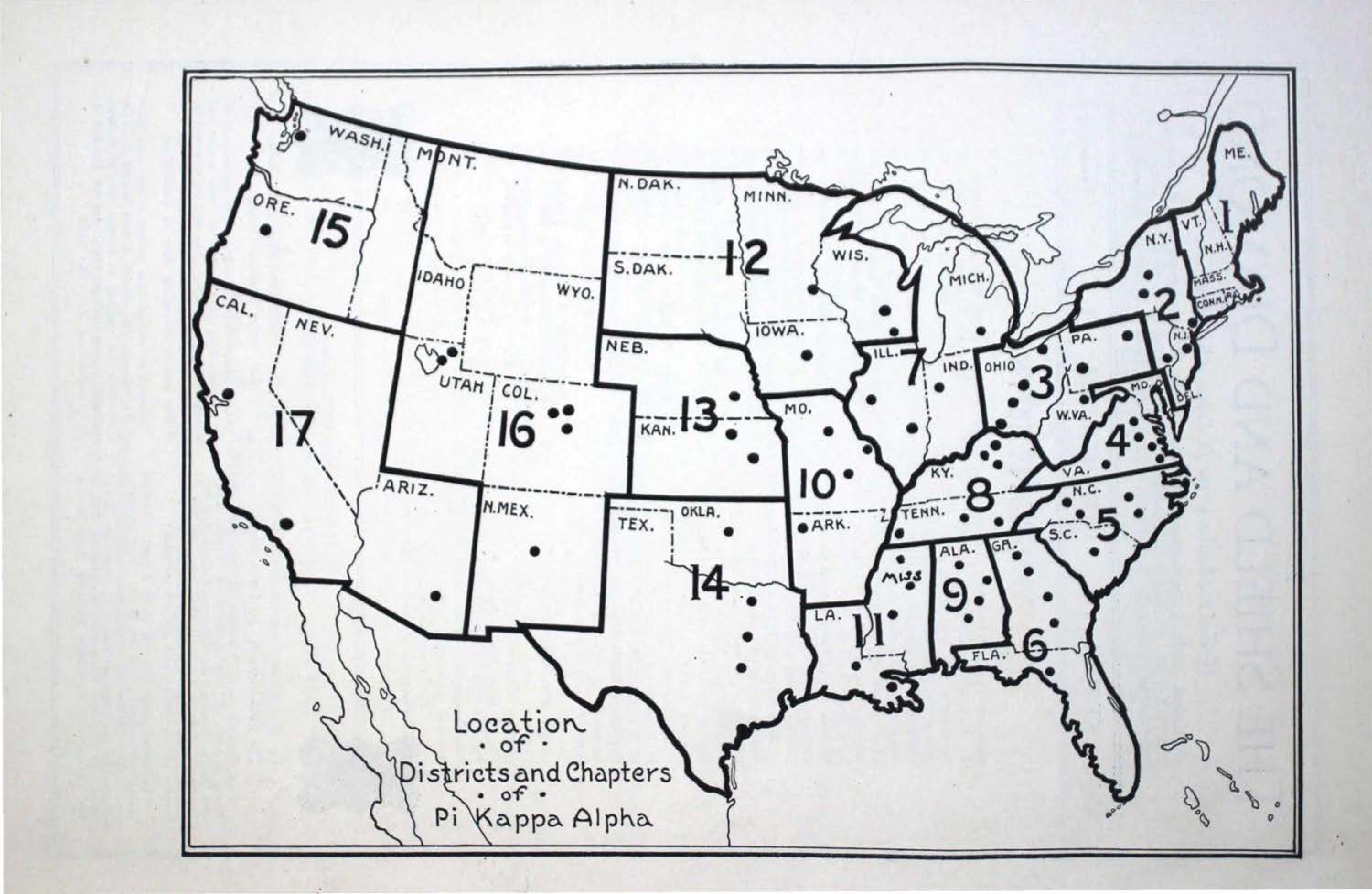 Location Of Districts And Chapters Of Pi Kappa Alpha Map, October 1928
